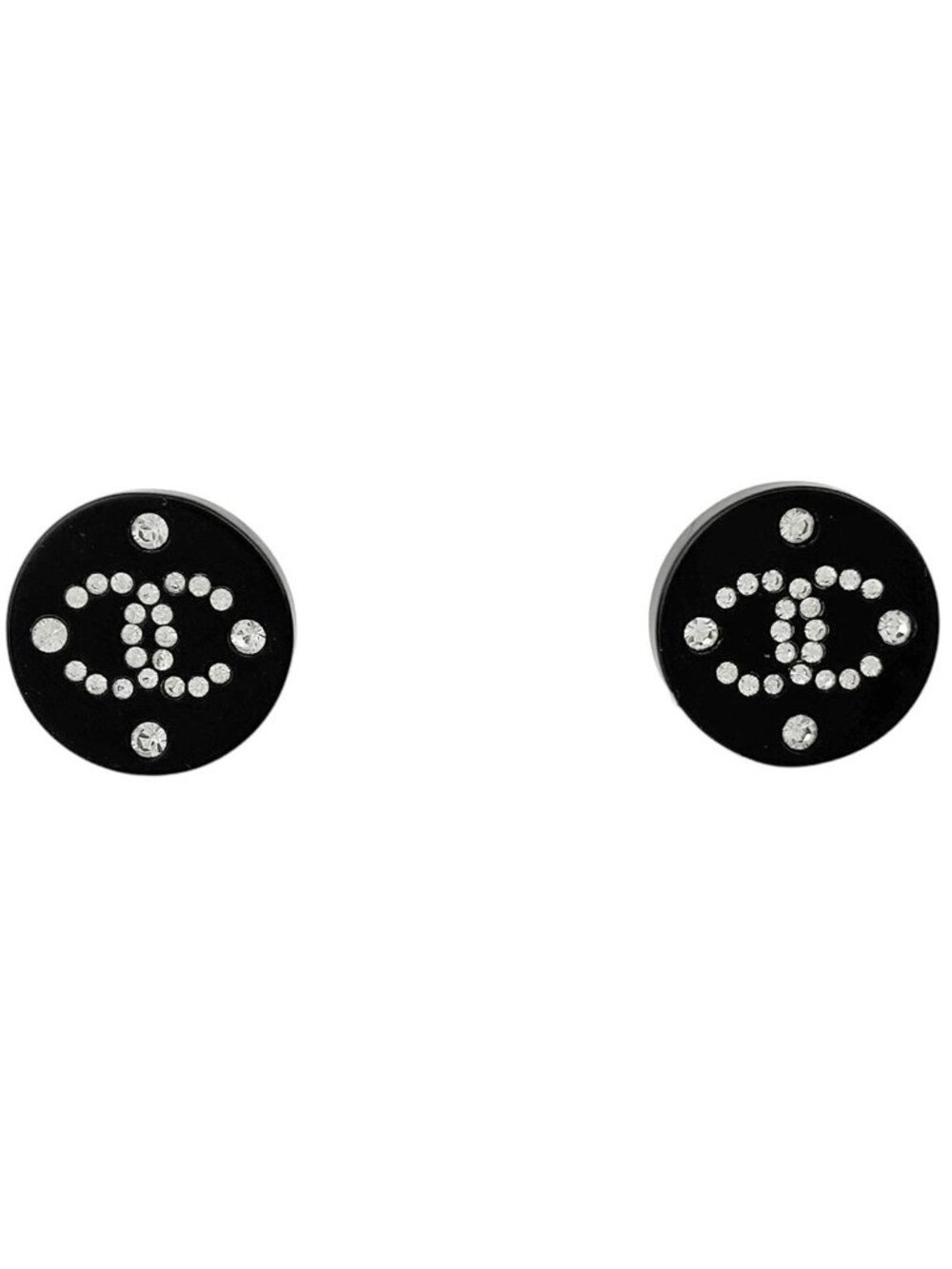Chanel Earrings CC Logo Round Plastic Rhinestone Gold Black